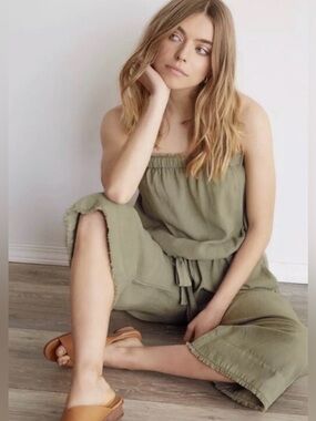 Cloth & Stone Anthropologie Strapless Fray Crop Belted Jumpsuit Army Surplus MED